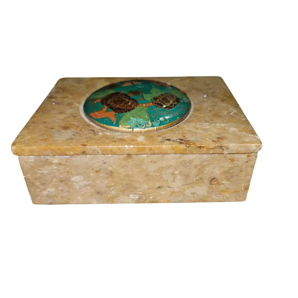 Vintage Indian Marble Trinket Box Enamel Painted Floral Inlay Stone Jewelry Box
